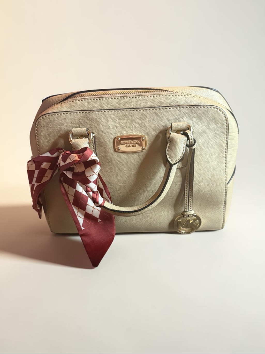 Michael Kors Ivory Saffiano Dome Satchel With Red Accent Scarf